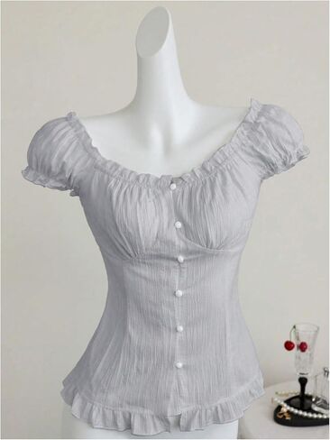 Women's Ruffle Frill Blouses Tops Puff Sleeve Scoop Neck Summer Shirts Cutesy Outfit in Saudi Arabia