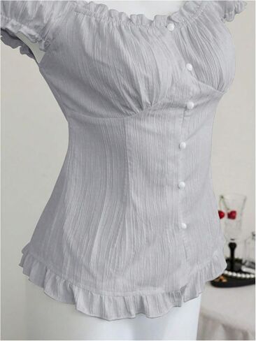 Women's Ruffle Frill Blouses Tops Puff Sleeve Scoop Neck Summer Shirts Cutesy Outfit in Saudi Arabia