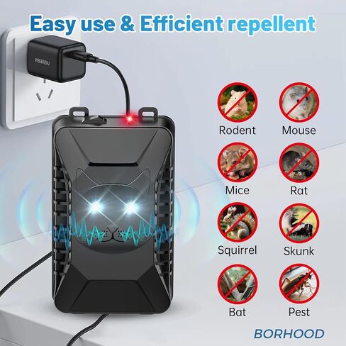borhood طارد القوارض بالموجات فوق الصوتية، 2 حزمة المكونات في الفئران الفئران السناجب الخفافيش طارد للسيارة مع بطارية تعمل بالطاقة تحت غطاء محرك السيارة، والحفاظ على الفئران بعيدا عن محركات السيارات، داخلي، المرآب، غرفة التخزين-أسود in Kuwait