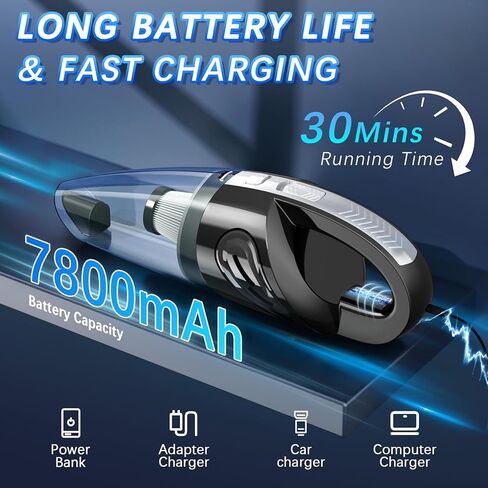 Handheld Vacuum Cordless, 15000Pa Powerful Car Vacuum Cleaner - 7800mAh Rechargeable Portable Mini Vacuum with 70000RPM Motor, 5 Nozzles, Low Noise, Washable Filter, for Car, Home, Office, Pet in Kuwait
