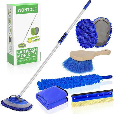 Wontolf 62'' Car Wash Brush with Long Handle Chenille Microfiber Car Wash Mop Mitt Kit Car Detailing Brush Cleaning Kit Window Squeegee Car Duster Drying Towels Tire Brush for Cars RV Truck Boat in Kuwait