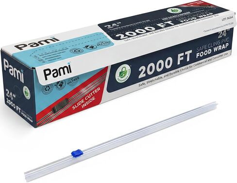 غلاف تغليف بلاستيكي من PAMI مقاس 60.96 سم × 2000 قدم، غلاف طعام بلاستيكي شديد التحمل مع قطاعة شرائح، طبقة مطاطية شفافة، التصاق قوي، آمن للطعام، للاستخدام التجاري والمنزلي في المطبخ in Kuwait
