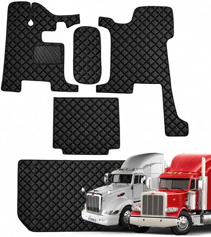 Floor Mat Set for Peterbilt 386 (2005–2015), 388 (2007–2015), 389 (2006–Present), 379 Late Models (2000–2007) – 72" Sleeper, Black Faux Leather Floor Mats, Heavy-Duty Interior Protection (Black/Grey) in Kuwait