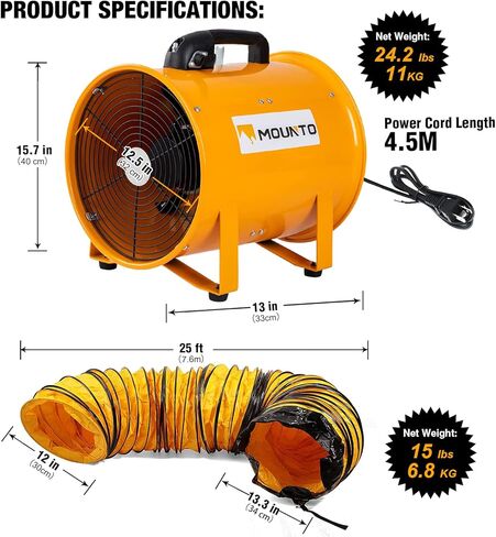MOUNTO 12-Inch Heavy Duty Cylinder Axial Fan with 25-Foot Vinyl Hose | High-Performance Portable Blower/Exhaust Fan | 2900 CFM Directional Airflow for Crawl Spaces, Attics, Basements in Saudi Arabia