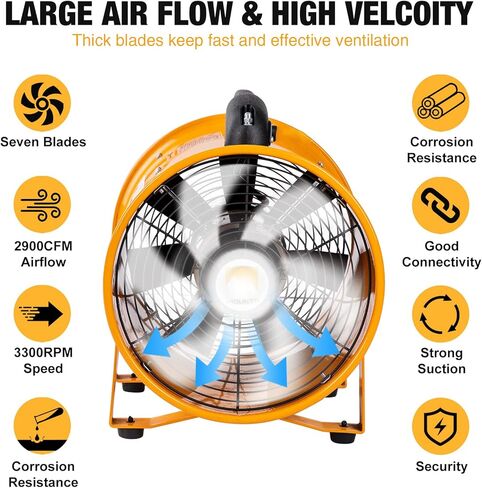 MOUNTO 12-Inch Heavy Duty Cylinder Axial Fan with 25-Foot Vinyl Hose | High-Performance Portable Blower/Exhaust Fan | 2900 CFM Directional Airflow for Crawl Spaces, Attics, Basements in Saudi Arabia