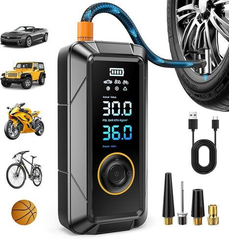 Tire Inflator Portable Air Compressor, Cordless & 12V DC Air Inflator for Car Bikes MotorcycleTires Balls with Auto Shut-Off, Digital Pressure Gauge, Compact Emergency Pump in Kuwait