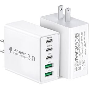 2Pack USB C Fast Charger Block,50W 5-Port USB C Wall Charger Brick,2 USB A & 3 USB C PD3.0 Power Adapter Multiport Type C Charging Plug for iPhone 12/13/14/15,Pad Mini/Pro, GalaxyS23 S22 (White)