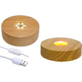 4" LED Wooden Light Base, Wooden LED Base Round Display Pedestal Night LED Light Lamp Base Lighted Display Stand with USB Switch for Crystal Glass Acrylic Art Display, Warm Light+Colorful Light