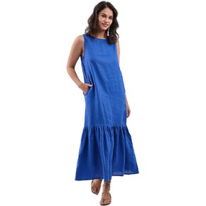 Amazhiyu Womens 100% Linen Summer Sleeveless Ruffle Midi Dresses with Pockets
