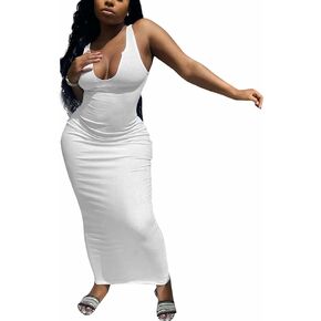 Nimsruc Women Casual Sexy Deep U Neck Tank Top Bodycon Dress Summer Sleeveless Wrap Long Basic Party Club Maxi Dresses