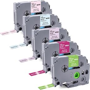 5 Pack PTD220 Tape Compatible for Brother P Touch Tape 12mm 0.47" Laminated TZe Tape Silver/Grey/Berry Pink/Green/Gold,TZe-MQG35 MQP35 MQ835 MQ934 MQL35,for Label Maker PTD210,PTH110,PTD400