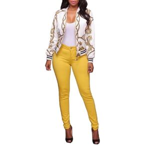 Womens Fashion Vintage Gold Chain Print Short Bomber Jacket Coat