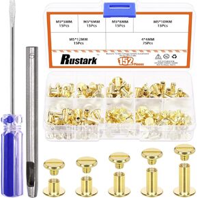 Rustark 75 مجموعة 5 أحجام M5 مسامير شيكاغو الفضية مجموعة متنوعة مع مجموعة أدوات الإعداد، رأس مسطح مستدير شيكاغو المسامير شيكاغو بولتس شيكاغو مسامير معدنية ترصيع لتجليد الكتب الجلدية DIY