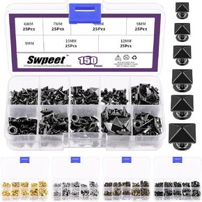 Swpeet 150Pcs 6 Sizes 6mm/7mm/8mm/9mm/10mm/12mm Gun Black Spike Rivet Pyramid Rapid Rivet Studs Kit, Square Rivets Metal Pyramid Fits for Bag Leather Clothing Shoes Rivet Handicraft DIY Punk