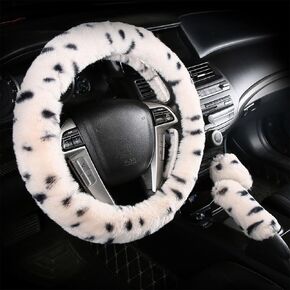 Cow Steering Wheel Cover Cute Fluffy 3 Pcs with Handbrake Cover & Gear Shift Cover Soft Warm Plush Steering Wheel Cover for Women Girl (Cow)