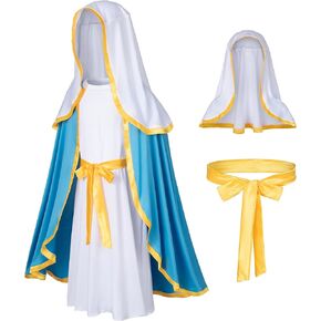 Classic Girl Biblical Religious Virgin Mary Costume Fancy Dress Costume Headwrap Hat Waist Rope Set