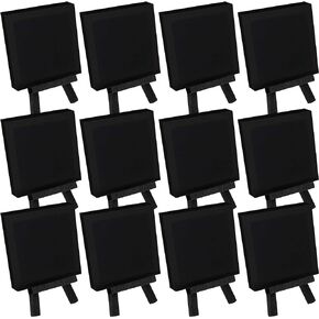 U.S. Art Supply 3" x 3" Stretched Black Canvas with 5" Mini Black Wood Display Easel Kit (Pack of 12), Artist Tripod Tabletop Holder Stand - Painting Party, Kids Crafts, Oil Acrylic Paint, Sign Photos
