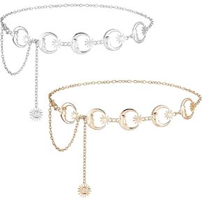 2 Pcs Moon Star Waist Chain Belts for Women Belly Waist Chain Metal Stylish Body Link Belts Gold Silver Belt