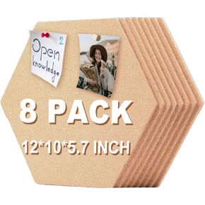 Self-Adhesive 8 Pcs Cork Board Cork Tiles Wall Bulletin Board 12" x10.2" Hexagon Cork Tile, Not Hurt Wall, Natural Message Pin Cork Squares for School/Home/Class & Office Decor Photo Display Memo