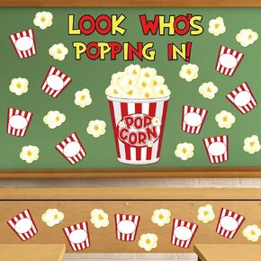 Whaline 77Pcs Popcorn Cutouts with 100Pcs Glue Points Popcorn Bucket Paper Cut-Outs Look Who’s Popping in Cutting Bulletin Board Decor for DIY Craft Art School Home Party Favor