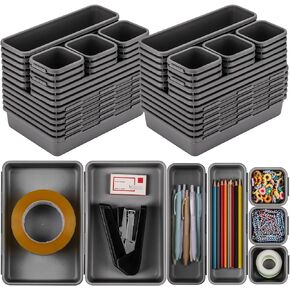 48Pcs Interlocking Desk Drawer Organizer Trays Plastic Drawer Dividers Storage Bin for Makeup, Bathroom, Kitchen, Office (Gray)