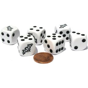 Set of 6 Bat 16mm D6 Round Edge Koplow Animal Dice - White with Black Pips