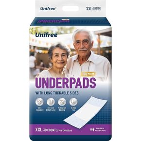 Unifree Premium Disposable Underpads, Tuckable BedPads, Incontinence Pads with Tuck-in Sides, Anti-slipBack, Super Absorbent Chux Pads, Heavy Duty, 30Count (XXL 30x59 Inch)