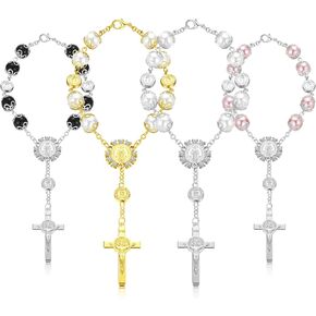 Saint Benedict Car Rosary 4 Pcs Rearview Mirror Auto Rosary Hanging Personalized Car Cross Blessing Catholic Car Medal for Truck Bike Motorcycle Car Mirror Hanging Accessories Decors