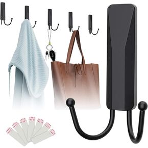Silver Double Wall Hooks for Hanging, 4 Pack Removable Adhesive Wall Hooks with 5 Strips, Organize Damage-Free Sticky Hooks, Plastic Utility Hooks Heavy Duty for Coat, Towel, Hat, Key