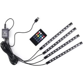 Car LED Strip Lights Christmas, 4Pcs 48 LED Interior Lights, Multicolor Music Car Strip Light Under Dash Lighting Kit with Sound Active Function and Remote Controller, DC 12V