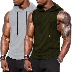 Babioboa Men's Workout Hooded Tank Top 2 Pack Sports Training Sleeveless Gym Hoodie Bodybuilding Cut Off Muscle Shirts