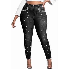 Ladyful Women's Skinny Jeans Classic Mid Waist Stretchy Denim Pants with Pearls Rhinestones