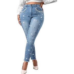 بنطلون جينز نسائي ضيق كلاسيكي من Ladyful بخصر متوسط ​​وقابل للتمدد مع أحجار الراين اللؤلؤية
