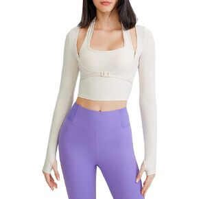 FEOYA Long Sleeve Cutout Yoga Sports Jacket Sports Tees for Women Crop Tops T Shirt Workout