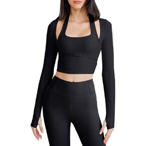 FEOYA Long Sleeve Cutout Yoga Sports Jacket Sports Tees for Women Crop Tops T Shirt Workout