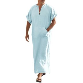 COOFANDY Men's V-neck Short Sleeve Robe Side Split Kaftan Cotton Long Gown Thobe S-4XL