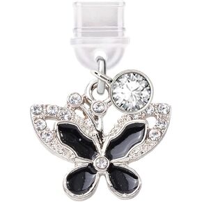 ELISE & FONDA TP344 Type-C USB Charging Port Anti Dust Plug Little Crystal Butterfly Cell Phone Charm for iPhone 15 and Samsung/OnePlus/Xiaomi/oppo Android Phones (Black)