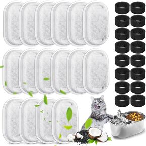 Yizhet 32 Pack Cat Water Fountain Filters, Cat Fountain Replacement Filters for 67oz/2L & 108oz/3.2L & 135oz/4.0L Stainless Steel Adjustable Water Flow Pet Water Fountain (16 Filters & 16 Sponges)