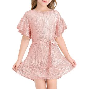 Batermoon Girls' Sequin Dress Crew Neck Bat Sleeve Ruffle Party Wedding Flower Dress with Belt for 5-14 Years