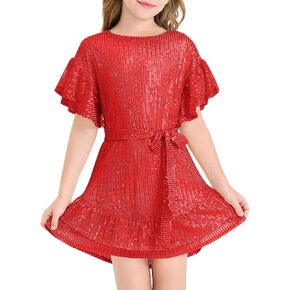 Batermoon Girls' Sequin Dress Crew Neck Bat Sleeve Ruffle Party Wedding Flower Dress with Belt for 5-14 Years in Kuwait