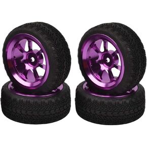 4PCS 1/10 Aluminium Alloy 7 Spokes Wheels and Tires for 1/10 RC On Road Drift Racing Car HSP HPI (Purple)