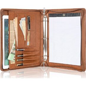AZXCG Padfolio for Women, 3 Ring Binder Business Portfolio, Vegan Leather Zipper Binder Portfolio Folio, Document Notebook Organizer with A4 Clipboard Folder, Gift for Men, Brown