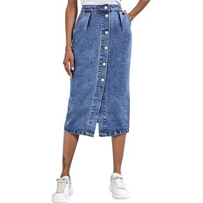 Womens High Waisted Denim Midi Skirt with Pockets Casual A-Line Button Front Long Novelty Skirts with Slit