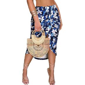ZXZY Women Pleated Skirts Midi Length Ruched Bodycon Split Wrap Hawaiian Dresses for Women