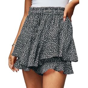 Women's Summer Floral Ruffle Hem Skirt Shorts Elastic High Waist Layered Tiered Boho Mini Skorts Skirts