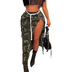 THLAI Women Midi Skirt Camo Cargo Skirt for Women Sexy High Split Skirt Maxi Skirts Novelty Skirts