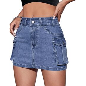 التنانير النسائية الصغيرة البضائع Y2k تنورة الدنيم القصيرة مع جيوب منخفضة الخصر زر جان التنانير in Kuwait