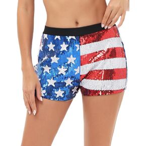Anna-Kaci Women's Mid Rise July 4th USA Flag Star Stripes Sparkly Sequin Shorts