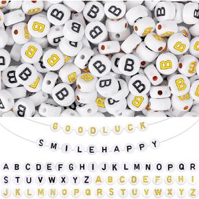 500 Pcs Letter Beads Kit Round Alphabet Beads for Jewelry Making 4x7mm Letter S Beads for Bracelets Making Kit (Black and Gold Letter)