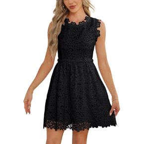 Women's lace Trimmings Floral Pattern Mini Dress Round Neck Sleeveless Cocktail A-Line Dress